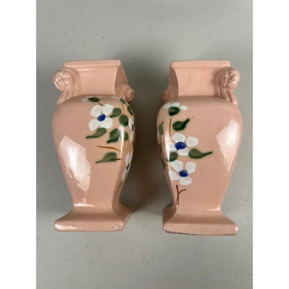 Vintage RRP Co Roseville Ohio Pink Dogwood Floral Miniature Urn Vases Set of 2